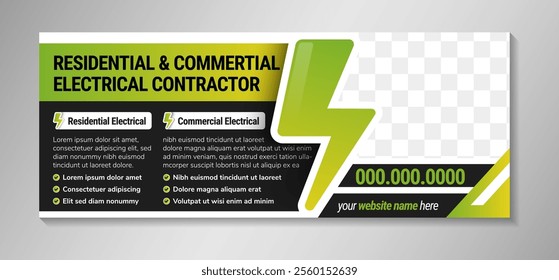 residential and commertial electrical contractor banner use horizontal layout with dark blue on background and green yellow gradient element design. photo space and  black background.