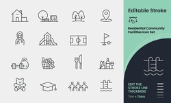 Residential Community Icon Collection Containing 16 Editable Stroke Icons. Perfect For Logos, Stats And Infographics. Change The Thickness Of The Line In Any Vector Capable App.