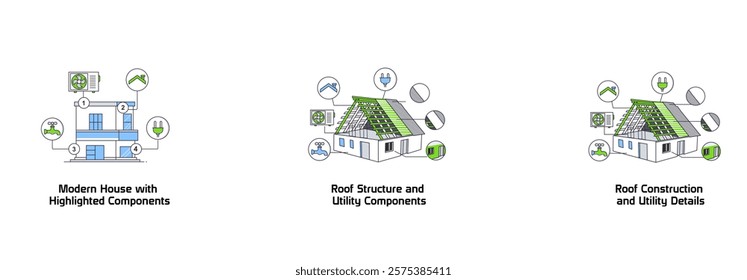 Residential Components Overview. Modern House with Highlighted Components, Roof Structure and Utility Components, Roof Construction and Utility Details