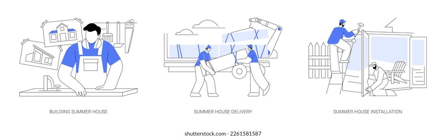 Residential construction abstract concept vector illustration set. Summer house building process, summer house delivery and installation, professional builders assembling panels abstract metaphor.