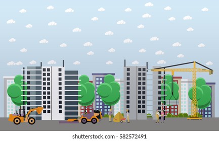 Residential construction concept vector illustration. Construction workers and machines. Building site. Flat style design.