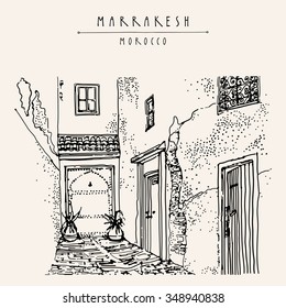 Residential courtyard in Marrakesh, Morocco, Northern Africa. Exterior in ethnic style. Travel sketchy touristic poster, postcard or coloring book page with hand lettering. Vector illustration