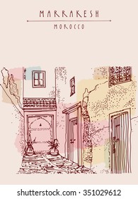 Residential courtyard in Marrakesh, Morocco, Northern Africa. Exterior in ethnic style. Travel sketchy touristic poster or postcard. Vector illustration