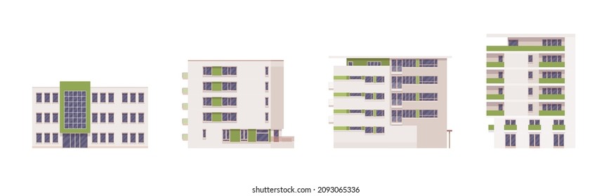 Residential detached building set, towering apartment blocks facade. Industrial urban planning, concrete panels, multi-family home. Vector flat style cartoon illustration, modular floor sections