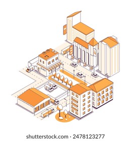 Residential developing city - vector isometric illustration. Street with residential buildings, shops, business and mall center, parking, warehouse, next to which there is a truck, highway and cars