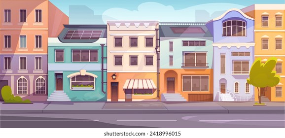 Residential district panorama. Beautiful cityscape with building, house, cafe and shop. City street with empty roads and brick facades. Town neighborhood in morning. Cartoon flat vector illustration