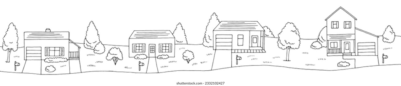 Residential district street graphic black white sketch illustration vector 