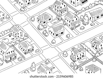 Residential district top view from above aerial crossroad street graphic black white sketch illustration vector