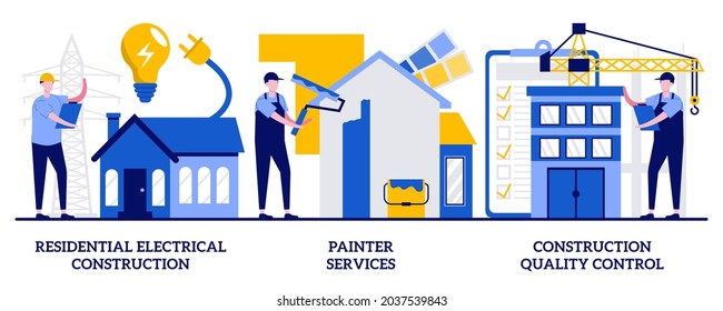 Residential electrical construction, painter services, construction quality control concept with tiny people. House renovation illustration set. Interior, exterior, lighting and appliance metaphor.