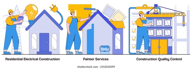 Residential electrical construction, painter services, construction quality control with people characters. House renovation illustrations pack. Interior, exterior, lighting and appliance metaphor.