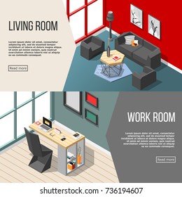 Residential futuristic interior set of horizontal isometric banners with living room and home workplace isolated vector illustration