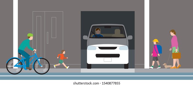 Residential garage cars and pedestrians.Vector material