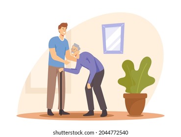 Residential Healthcare, Medical Aid Concept. Young Volunteer Help to Old Disabled Man with Cane to Walk at Home or Nursing House. Social Worker Care of Sick Senior. Cartoon People Vector Illustration