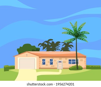 Residential Home Building in landscape tropic trees, palms. House exterior facades front view architecture family cottage house or mansion apartments, villa. Suburban property