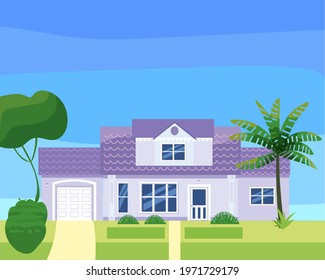 Residential Home Building in landscape tropic trees, palms. House exterior facades front view architecture family cottage house or mansion apartments, villa. Suburban property