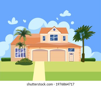 Residential Home Building in landscape tropic trees, palms. House exterior facades front view architecture family cottage house or mansion apartments, villa. Suburban property