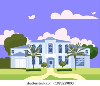 Residential Home Building in landscape tropic trees, palms. House exterior facades front view architecture family modern villa cottage house or mansion apartments. Suburban property