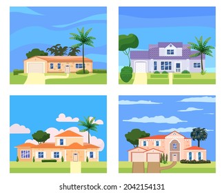 Residential Home Buildings in landscape tropic trees, palms. House exterior facades front view architecture family cottages houses or mansions apartments, villa. Suburban property