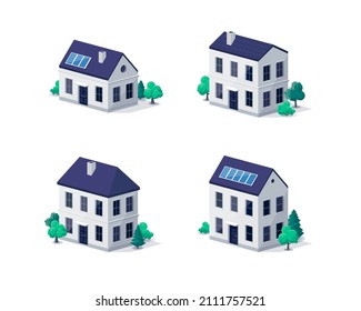 Residential home city urban old town historic and new modern buildings illustrations in 3d dimetric isometric view Family house, suburban building with solar panels. Isolated vector illustration.