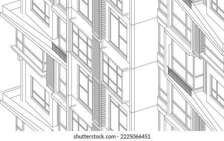 residential hotel apartment building façade isometric 3D Line drawing illustration vector eps10