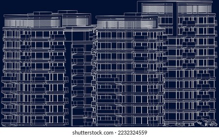 Residential Hotel Apartment buildings 2D line sketch façade illustration vector eps10 blueprint