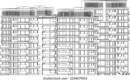 Hotel Residencial Edificios de apartamentos 2D línea de esbozo fachada ilustración vector eps10