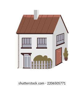 Residential house building architecture. Two-storey home, outside view. Dwelling, real estate with doors, windows, gable roof, chimney and plant. Flat vector illustration isolated on white background