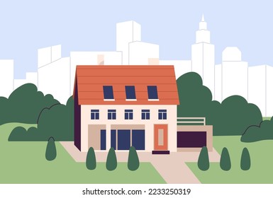 Residential house building exterior standing alone on city background, modern cityscape. Single detached dwelling home, property outdoor view, urban landscape scenery. Flat vector illustration