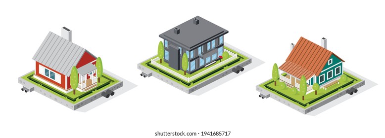 Wohnhäuser einzeln auf Weiß. Isometrisches Konzept. Land Immobilien. Vektorgrafik.