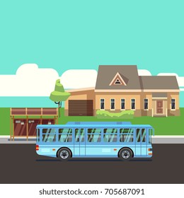 Residential house with bus stop and blue bus. Flat vector illustraion. Home and bus on road, infrastructure transportation