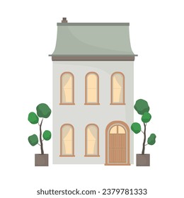 Residential house, cottage or villa surrounded by greenery, hand drawn european style exterior, house vector flat illustration on white isolated background with trees.	