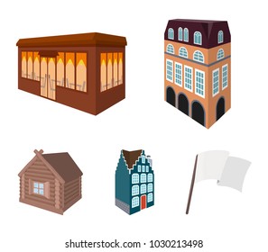 Residential house in English style, a cottage with stained-glass windows, a cafe building, a wooden hut. Architectural and building set collection icons in cartoon style vector symbol stock