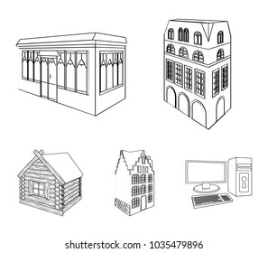 Residential house in English style, a cottage with stained-glass windows, a cafe building, a wooden hut. Architectural building set collection icons in outline style vector symbol stock illustration