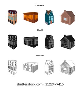 Residential house in English style, a cottage with stained-glass windows, a cafe building, a wooden hut. Architectural and building set collection icons in cartoon,black,outline style vector symbol