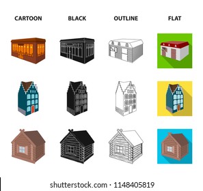 Residential house in English style, a cottage with stained-glass windows, a cafe building, a wooden hut. Architectural and building set collection icons in cartoon,black,outline,flat style vector
