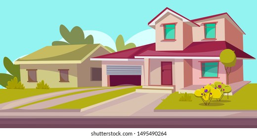 Residential house flat vector illustration. Real estate. Countryside building exterior. Two storey dwelling place with garage. Suburban home facade with garden and lawn. Cottage house leasing