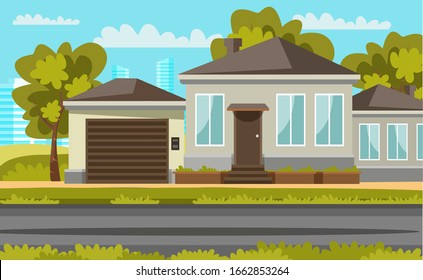 Residential house flat vector illustration. Real estate. Countryside building exterior. Two storey dwelling place with garage. Suburban home facade with garden and lawn. Cottage house leasing