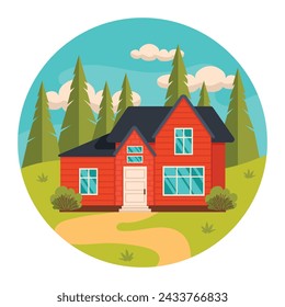 Residential house in the forest. Sky and trees in the background. Summer or spring season. Vector graphic.