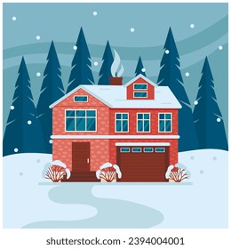 Residential house in the forest. Trees and snowfall in the background. Square illustration. Vector graphic.