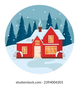 Residential house in the forest. Trees and snowfall in the background. Illustration in the shape of a circle. Vector graphic.