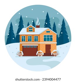 Residential house in the forest. Trees and snowfall in the background. Illustration in the shape of a circle. Vector graphic.