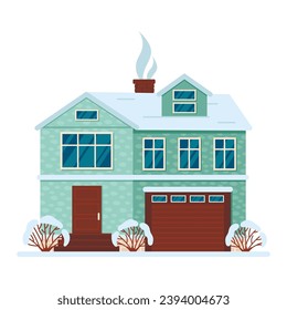Residential house in the forest. Trees and snowfall in the background. Vector graphic.