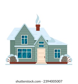 Residential house in the forest. Trees and snowfall in the background. Vector graphic.