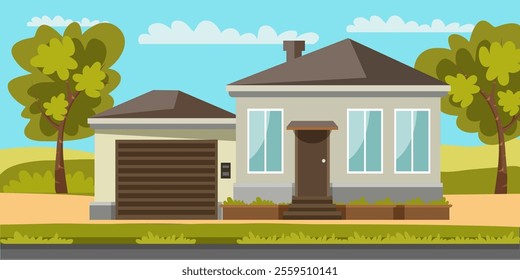 Residential house front view. Home exterior in suburban. Countryside building with garage. Real estate agency poster. Cottage house leasing. Flat vector illustration.