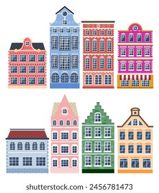 Residential House Icon Collection in Dutch Style. Amsterdam Old Building Set Isolated. Historic Facade with Windows. Architecture of Old Europe. Flat Vector Illustration