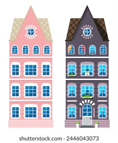 Wohnhaus-Ikone im niederländischen Stil. Amsterdam Altbau isoliert auf weiß. Historische Fassade mit Fenstern, Türen, Blumen und Vorhängen. Architektur der Niederlande. Cartoon-Flat-Vektorillustration