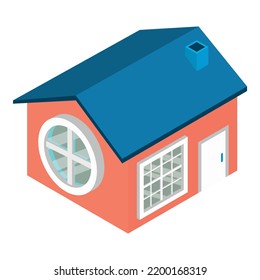 Residential house icon isometric vector. One story house with round window icon. Building, construction, architecture