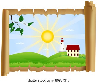 Residential house and a lighthouse standing on a green meadow under the sun with radiating rays and a branch with dew in the foreground on parchment