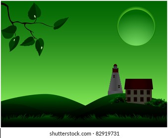 Residential house and a lighthouse standing on a green meadow under the full moon