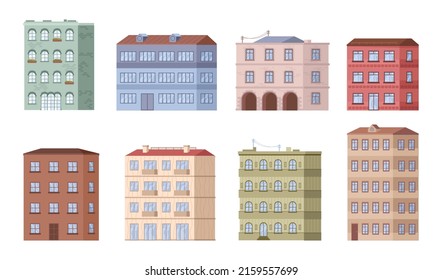 Residential house for living or working in office, buildings set. City or town constructions with several levels, multi story landmarks and urban architecture in metropolis. Vector illustration